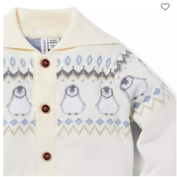 Janie and Jack 100047807 Cream and Gray Baby Fair Isle Penguin Cardigan size 0-3 - Picture 4 of 10